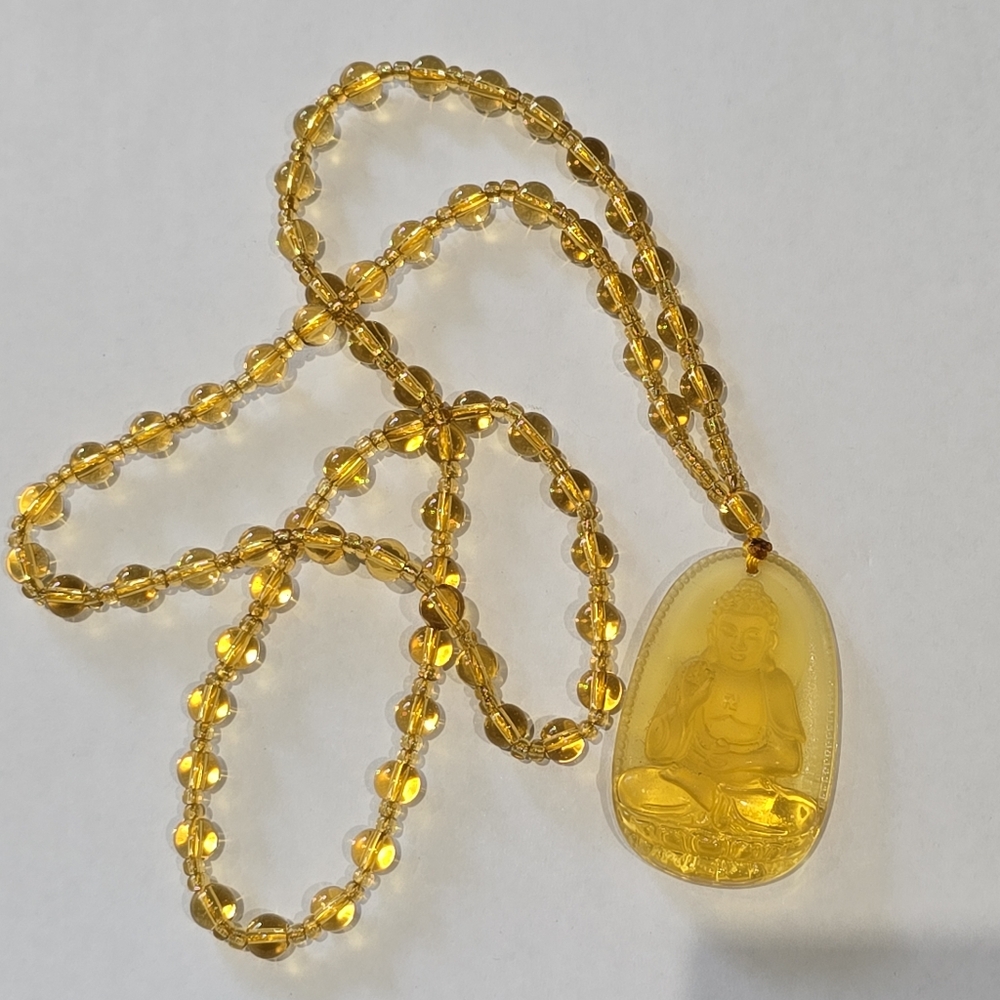 Citrine Glass Guardian Buddha Serenity Pendant Necklace